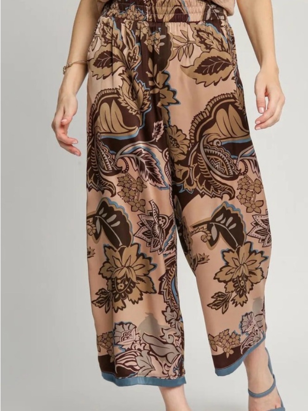 Umgee Paisley Print Pants Brown Mix Wide Leg Palazzo Pants Size Small